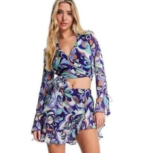 Asos Blue Paisley Bell Sleeve Wrap Top Mini Skirt Set Size 4
